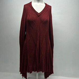 Planet Tunic Sweater Top Knit Blouse Pure Cotton Asymmetrical Hem Red One Size
